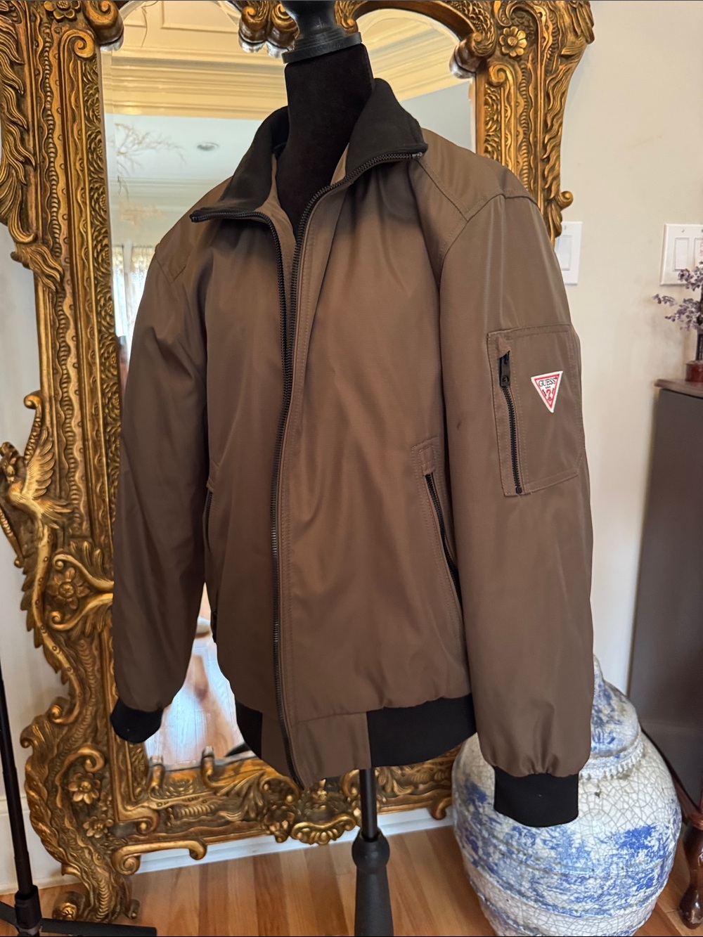 Guess Men's Brown Bomber Jacket with Black Trim